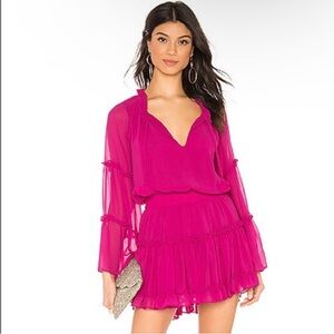 MISA Los Angeles vibrant pink "Leeva" long-sleeve V-neck mini dress Size XS